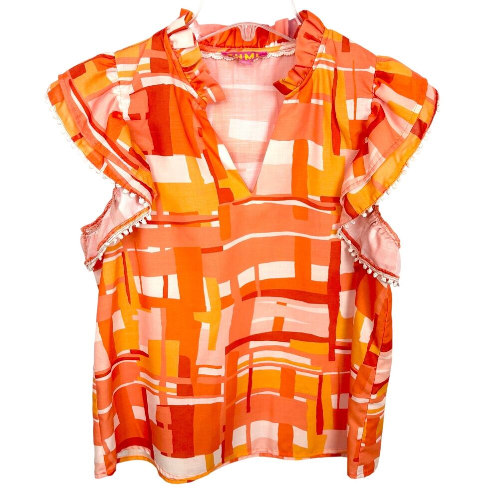 THML Geometric Ruffle Sleeve V-Neck Blouse Pom Pom Ball Fringe Orange Size Small